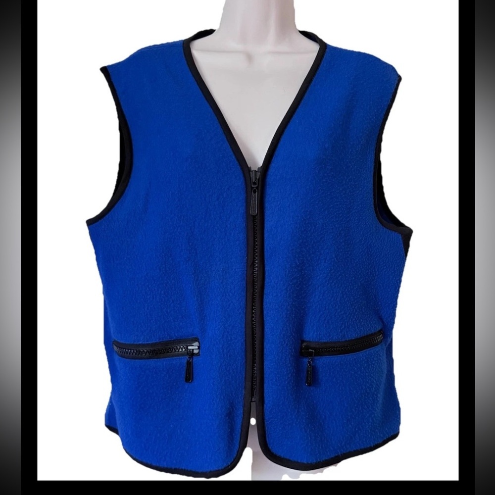 Vintage Red Hot. Women’s Fleece Vest M Blue  Black Trim Zipper Zippered Pockets